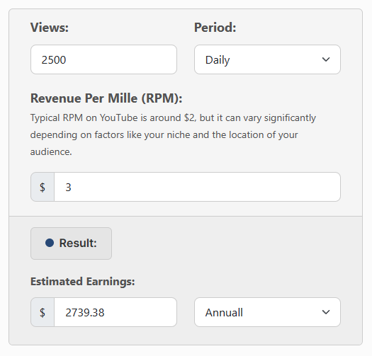 YouTube Earnings Calculator Example
